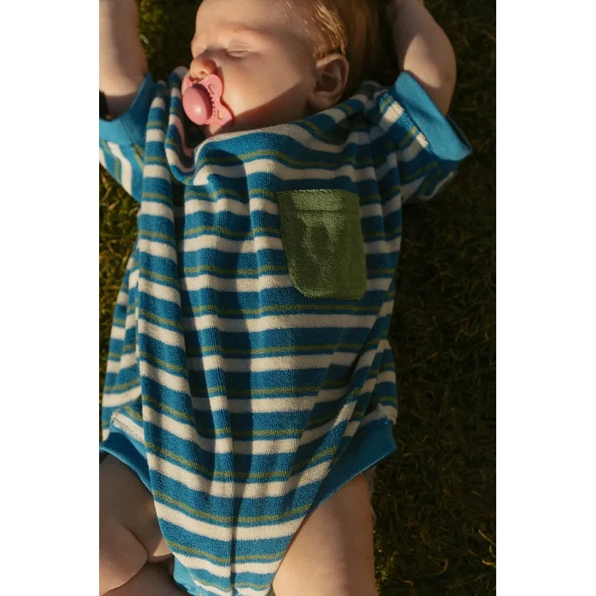 Callie Romper in Thin Blue Green Stripe