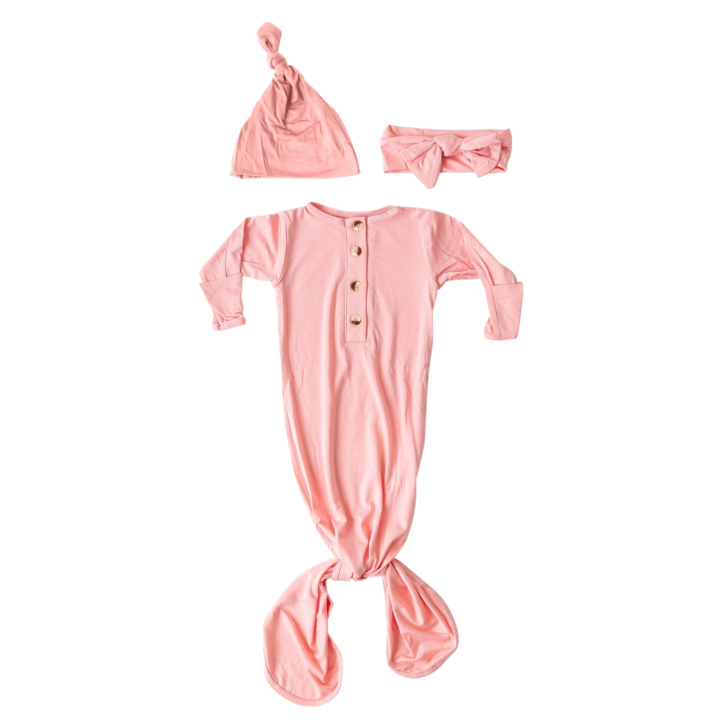 Knotted Baby Gown, Hat & Headband Set - Pink