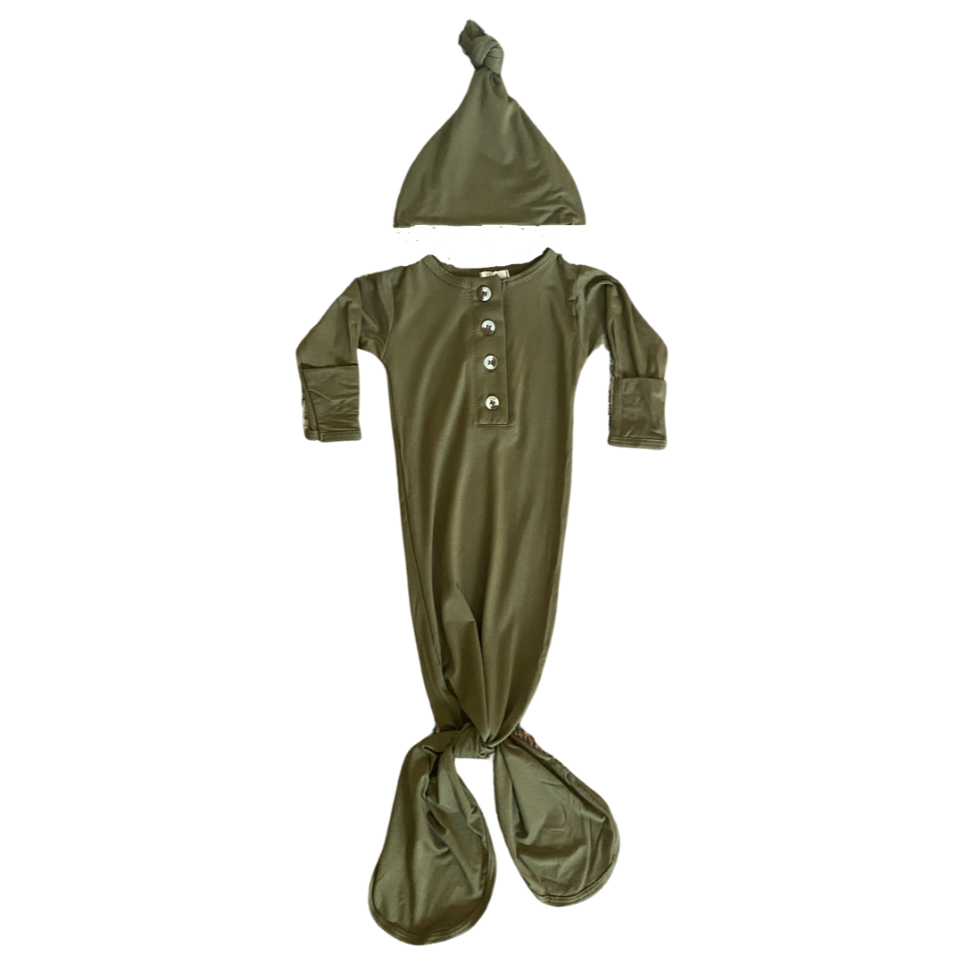 Knotted Baby Gown and Hat Set - Army Green