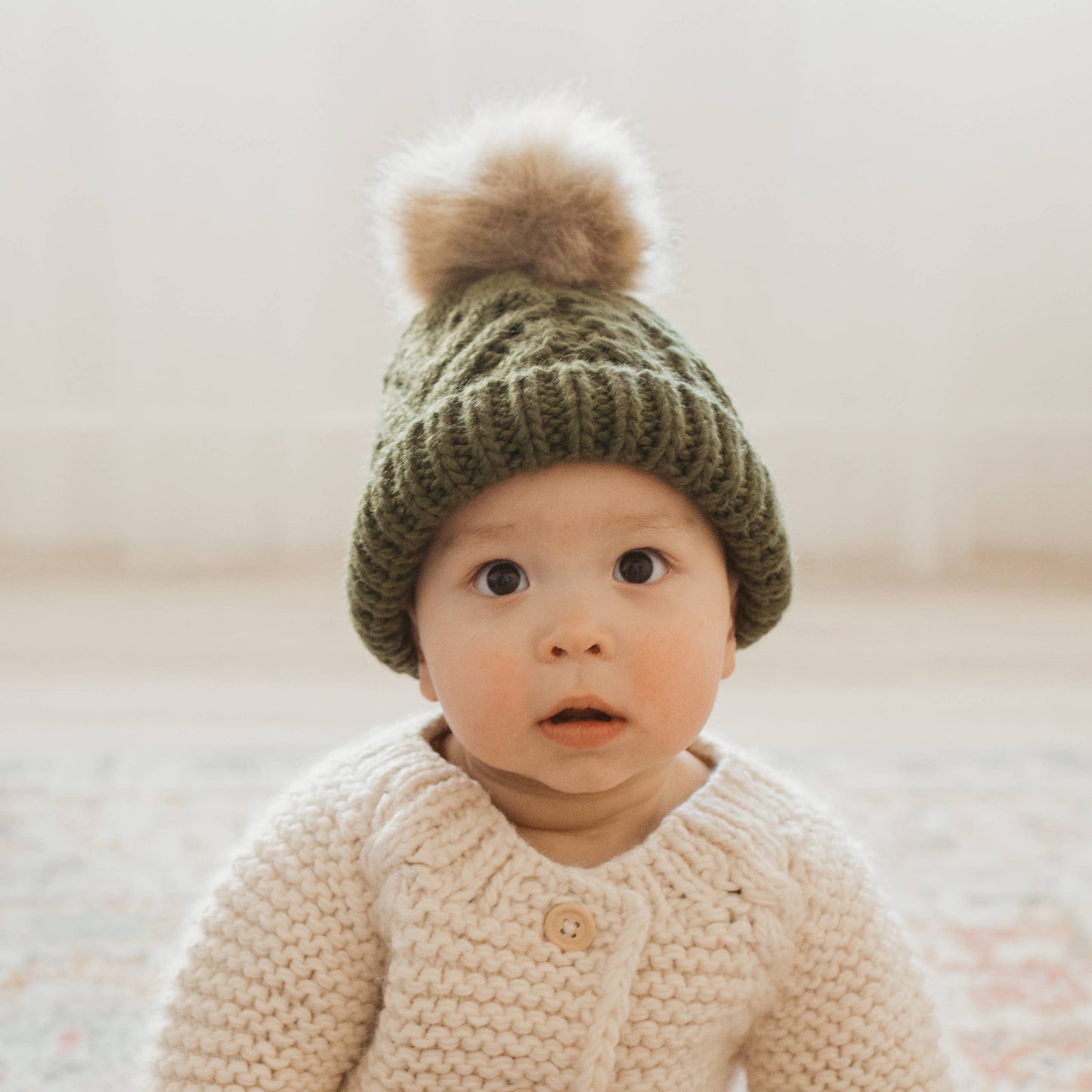 Mossy Pop Pom Pom Beanie Hat