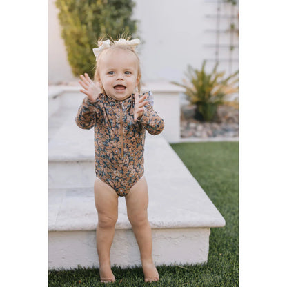 Venetian Floral Long Sleeve Ruffle Zipper One-Piece