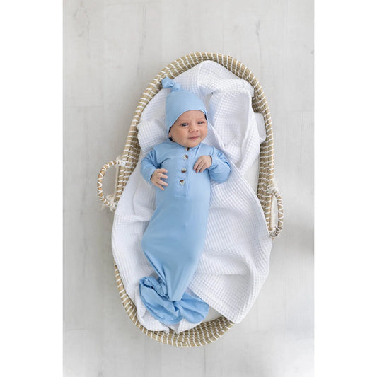 Knotted Baby Gown and Hat Set  - Baby Blue