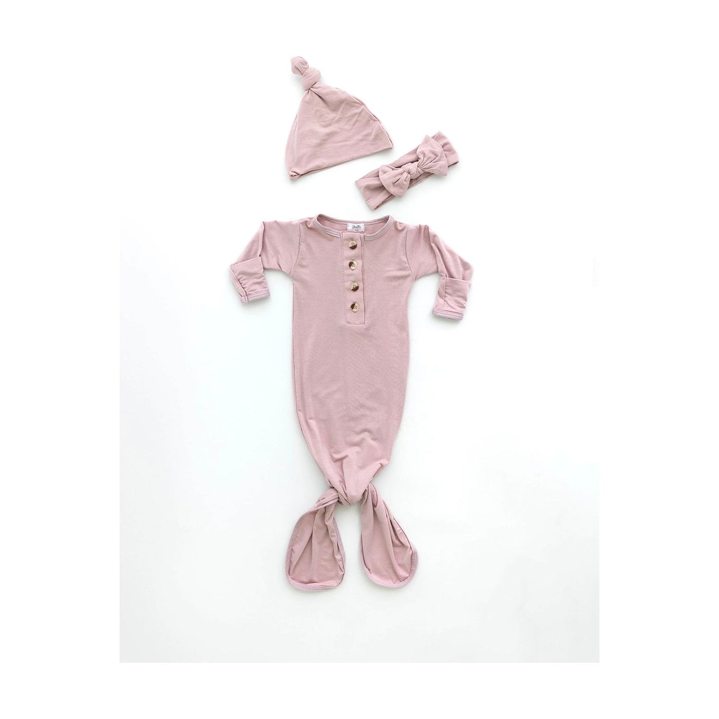 Knotted Baby Gown, Hat & Headband Set - Dusty Rose