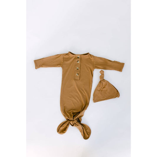 Knotted Baby Gown and Hat Set - Caramel