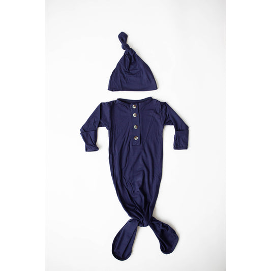 Knotted Baby Gown and Hat Set  - Navy Blue